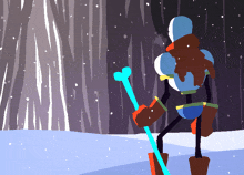 a cartoon of papyrus standing in the snow holding a blue stick