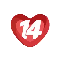 a red heart with a white number 14 inside of it