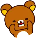 a brown teddy bear with yellow ears and a red nose is covering its mouth with its hands .