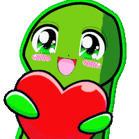 a green cartoon character is holding a red heart in its hands