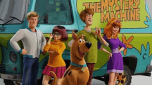 a group of scooby doo characters standing in front of a green van .