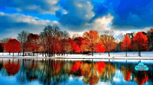 a lake surrounded by trees with red leaves and snow