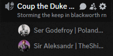 a black screen with the words coup the duke storming the keep in blackworth rn on it