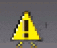 a pixel art of a yellow triangle with an exclamation point in the middle .