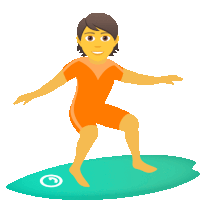 a cartoon of a man riding a surfboard with a g on it