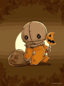 a cartoon drawing of a scarecrow holding a pumpkin shaped lollipop and a bag by tandemonium