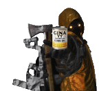 a man holding an axe and a can of gina beer