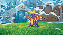 a purple dragon is standing in the grass in front of a snowy mountain