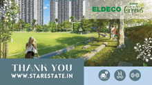 an advertisement for eldeco greens shows a woman walking in a park