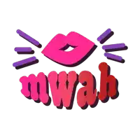 a pink and red logo that says mwah with a kiss on it