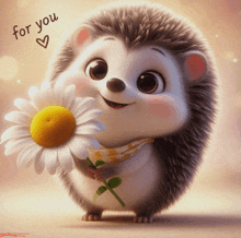 a cartoon hedgehog holding a flower with the words for you written on the bottom