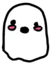 a white ghost with pink eyes and a black nose .