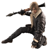 a man in a leather jacket is kneeling down and holding a rocket launcher