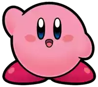 a pink kirby cartoon character with blue eyes