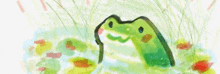 a frog is sitting in the grass in a pond and smiling .