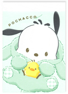 a drawing of a dog holding a small yellow duck with the word pochacco above it