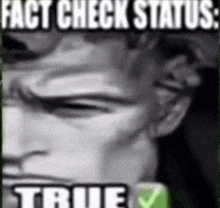 a black and white photo of a man 's face with the words " fact check status : true " on it .