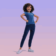 a girl with curly hair wearing a blue shirt that says ' confidence ' on the front