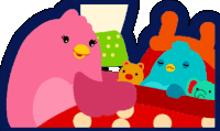 a cartoon drawing of a pink bird holding a baby