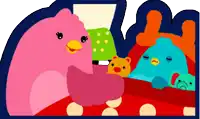 a cartoon drawing of a pink bird holding a baby