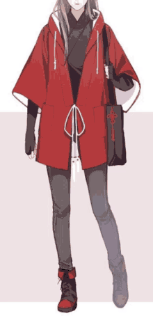 a drawing of a girl wearing a red jacket and black pants