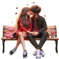 a boy and a girl are kissing on a bench with a pink teddy bear