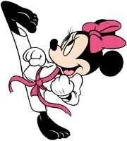 a cartoon of minnie mouse wearing a white karate uniform with a pink belt