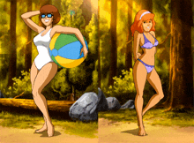 a cartoon character holding a beach ball next to another cartoon character in a bikini