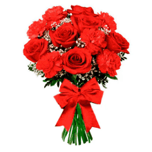 a bouquet of red roses and carnations is tied with a red bow