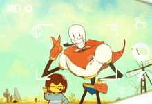 a cartoon drawing of papyrus giving a peace sign next to a girl