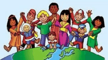 a group of children of different races are standing on top of a globe .