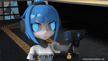 a cartoon character with blue hair is holding a gun with the words where money on the bottom