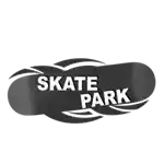 a black and white logo for a skate park with a skateboard on a white background .