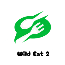 a logo for wild eat 2 shows a spoon and fork in a green speech bubble