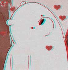 a polar bear from we bare bears is surrounded by hearts in a 3d image .