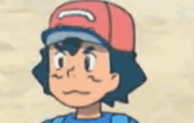 a close up of a cartoon character wearing a hat and a blue shirt .