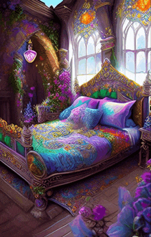 a painting of a bed with purple and blue sheets