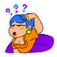 a cartoon of a woman with blue hair scratching her head