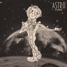 a black and white drawing of a man in a space suit with astro myanmar written on the bottom