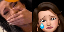 a woman covering her mouth next to an emoji of a girl crying