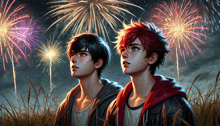 two young men looking up at fireworks in the sky