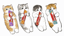 a drawing of four cats holding tubes of choco cat treats