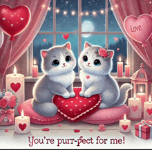 a valentine 's day card with two cats holding hearts and the words you 're purrfect for me