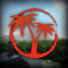 a palm tree in a red circle with a blurry background