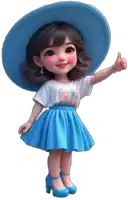 a little girl wearing a blue hat and a blue skirt is giving a thumbs up