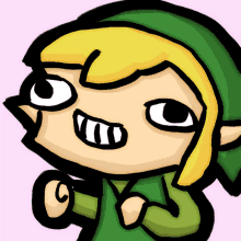 a cartoon drawing of link with a big smile