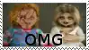 a picture of chucky and annabelle dolls with the word omg .