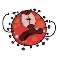 a cartoon drawing of a red virus with a very angry face