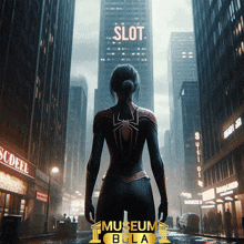 a woman in a superhero costume is standing in front of a building that says slot