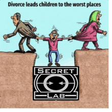 a cartoon about divorce leads children to the worst places with the secret lab logo in the corner